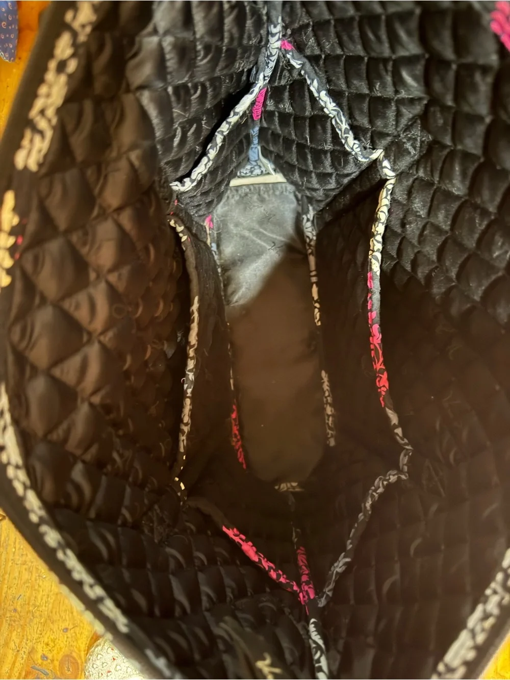 Vera Bradley Black Tote with Pink & Cream Leaf Medallion Print